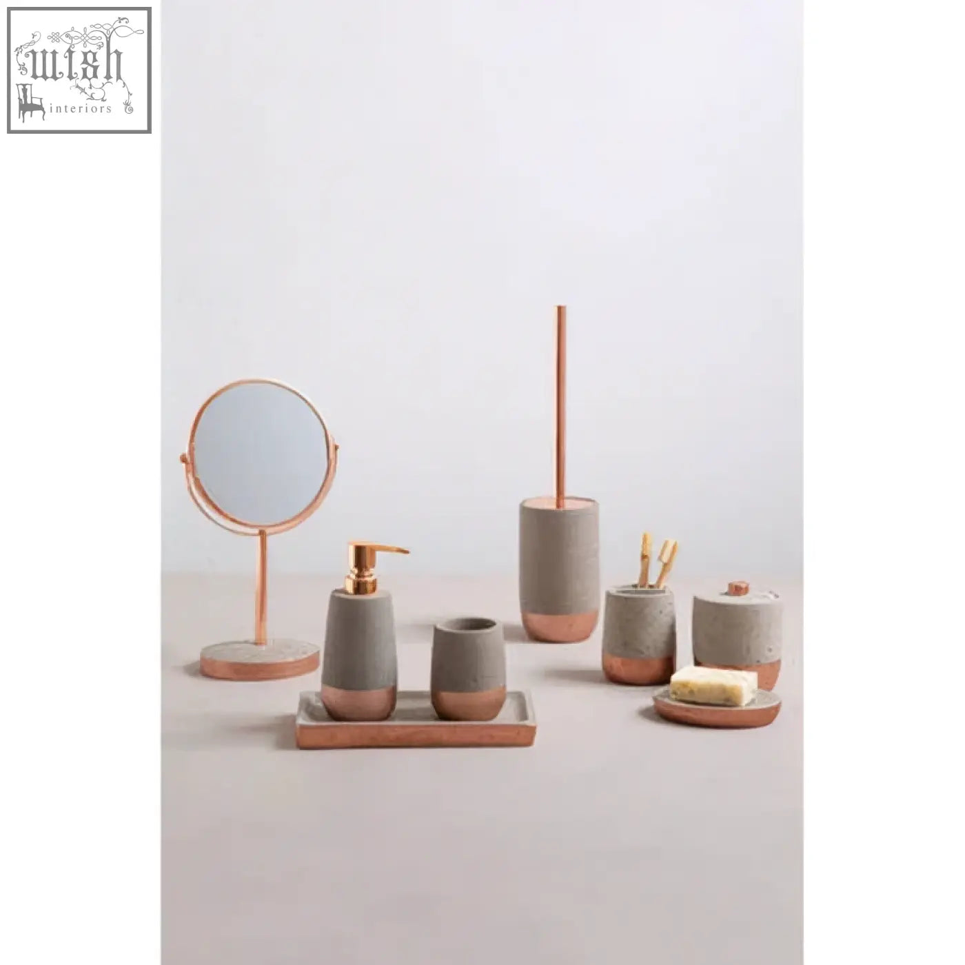 Gray and rose gold neptune concrete effect soap dish with matte ceramic bodies and metallic accents bathroom set