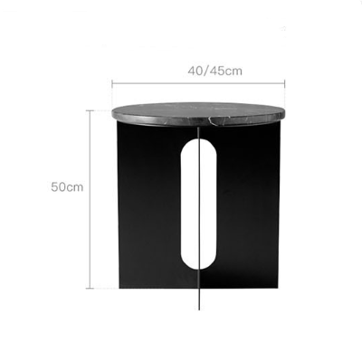 Black minimalist nerissa nordic side table with dark marble top and sleek rectangular legs with oval cutout for bedside use