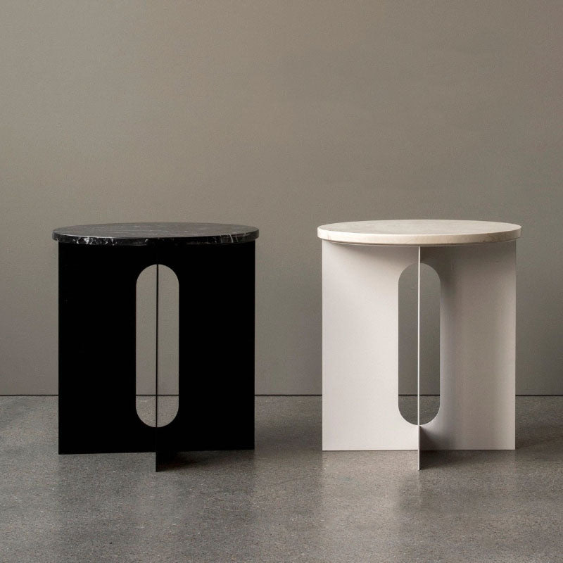 Minimalist nerissa nordic side table with sleek black or white lacquered base and polished marble top for bedside use