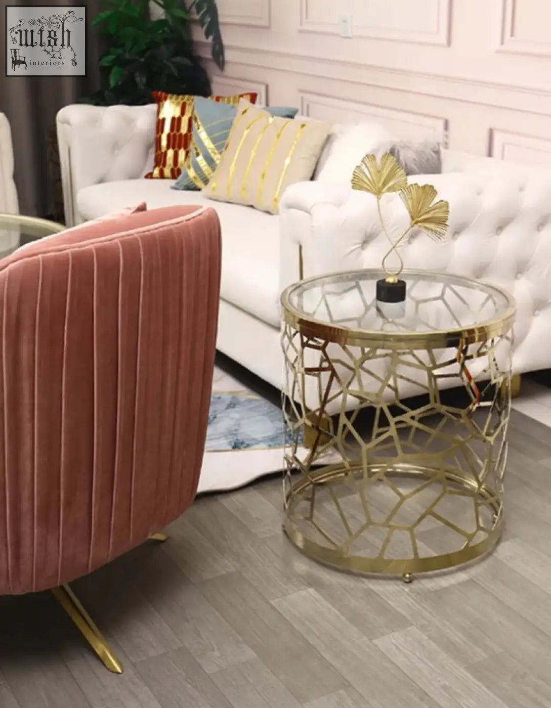Gold geometric metal nested glass side table with clear glass top and sintered stone base for stylish living spaces