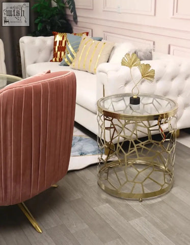 Gold geometric metal nested glass side table with clear glass top and sintered stone base for stylish living spaces