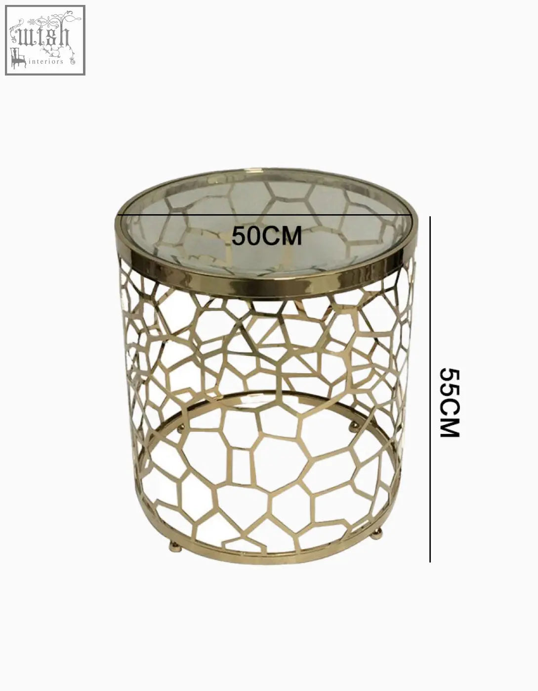 Gold-toned nested glass side table with geometric lattice design and clear glass top perfect for modern living spaces