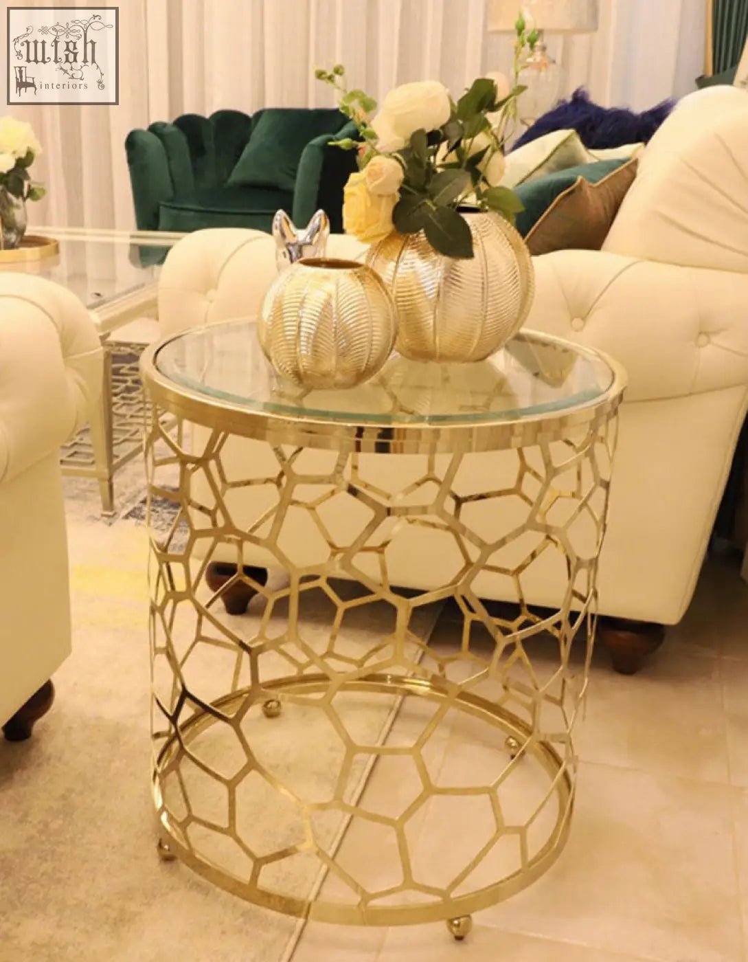 Gold-toned nested glass side table with honeycomb-patterned metal frame and clear glass top perfect for modern spaces
