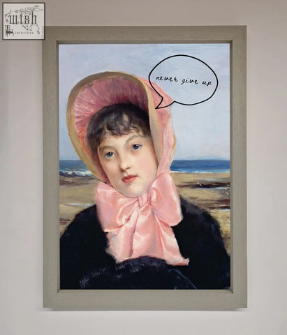 Framed wall art featuring a young girl in a pink bonnet with never give up phrase and customizable frame options
