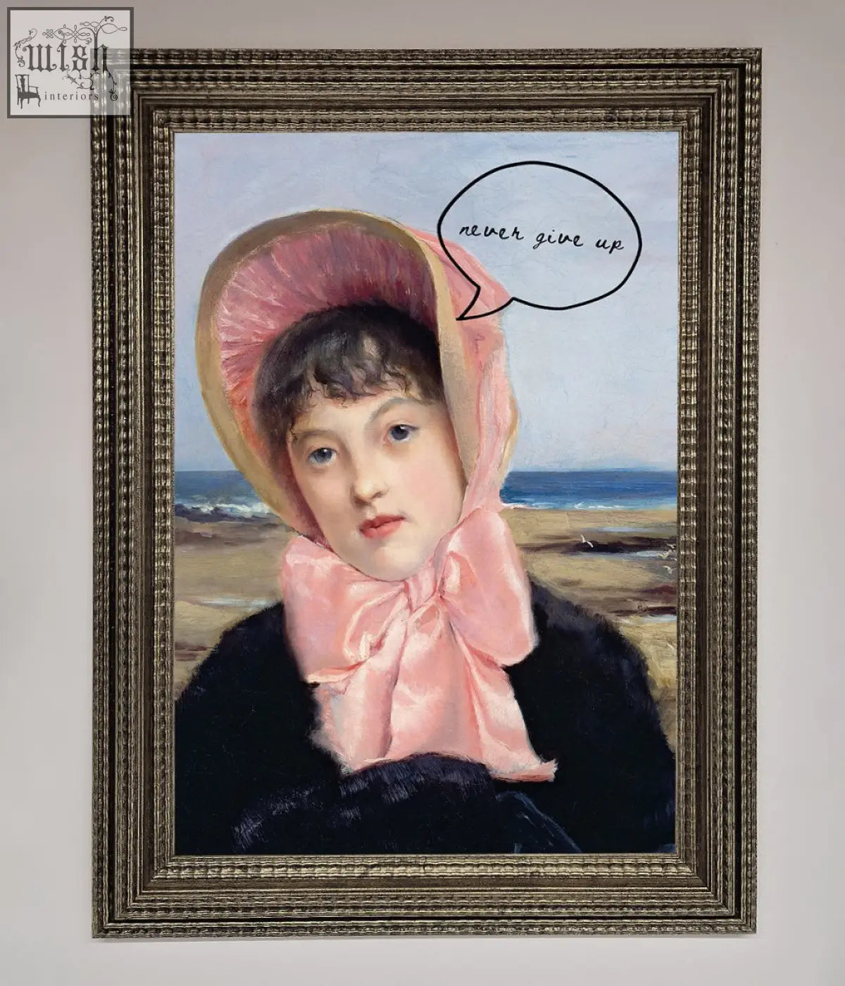 Never give up framed wall art showing a young girl in a pink bonnet with ocean backdrop and stylish frame options