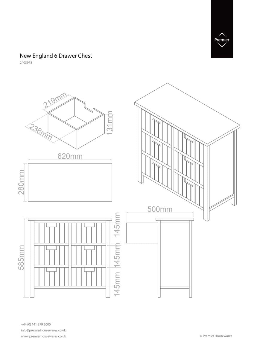 New england white 6 drawers chest by premier with wooden build and simple rectangular handles for storage