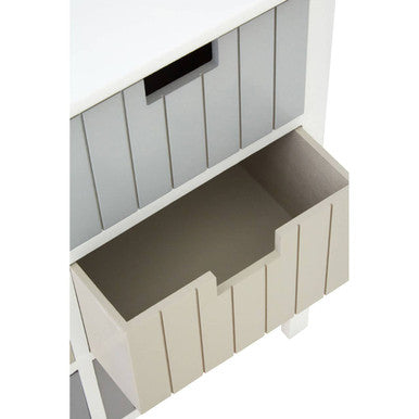 New england white 6 drawers chest with white and gray slatted storage unit featuring a pull-out drawer