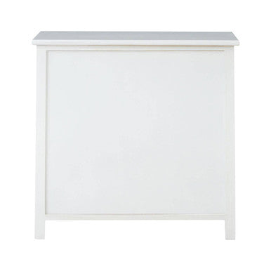 White minimalist console table with clean lines and flat top surface featured in new england white 6 drawers chest