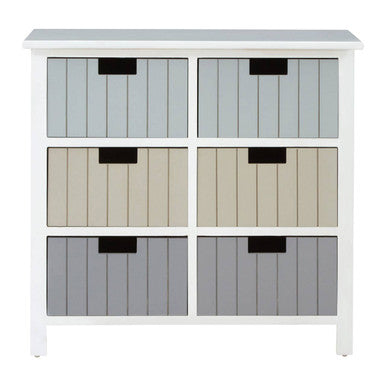 New england white 6 drawers chest with white wood frame and six gray beige striped fabric drawers with black handles