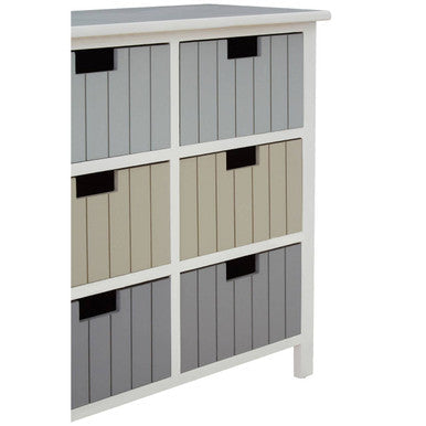 New england white 6 drawers chest with white wood frame and six gray and beige fabric drawers for storage