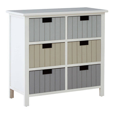 New england white 6 drawers chest with white wooden frame and six vertical slatted drawers in gray and beige shades