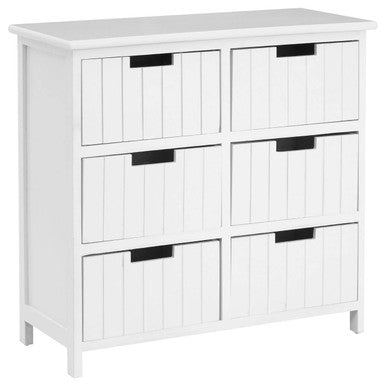 White mdf new england white dresser with six vertical slatted drawers and black handles for stylish storage