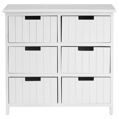 White mdf new england white chest with six vertical slatted drawers and black handles for stylish storage