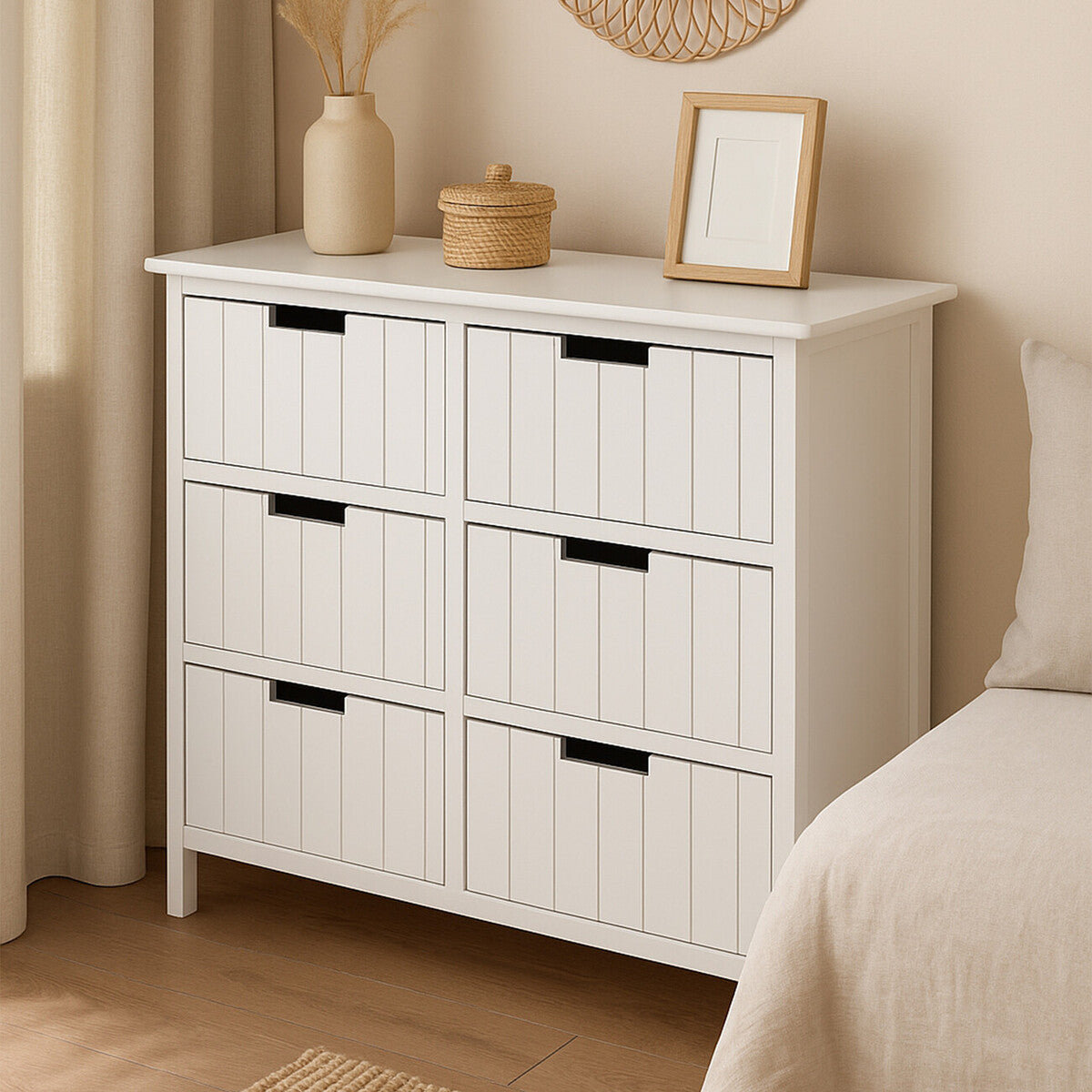 New england white mdf 6 drawers chest with six vertical-panel white mdf drawers and black handles
