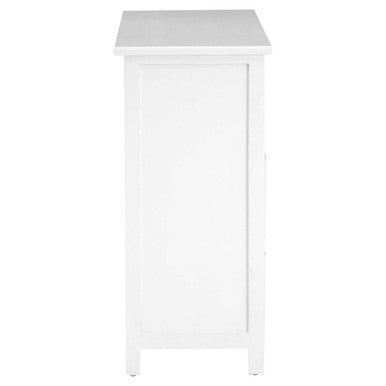White wooden nightstand with smooth glossy finish and simple rectangular design in new england white mdf material