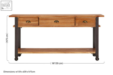 Industrial-style wooden drawer console table with dark metal legs and casters new foundry 3 drawer console table