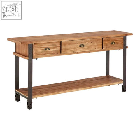 New foundry drawer console table with three drawers wooden top and black metal legs in rustic industrial style