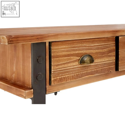 New foundry drawer console table with rustic wood finish and black metal legs for stylish storage and decor