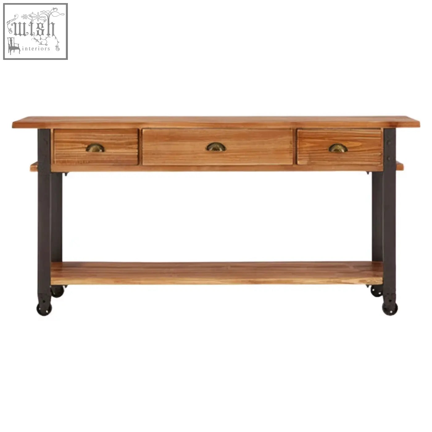 New foundry rustic wooden drawer console table with three drawers black metal legs and casters