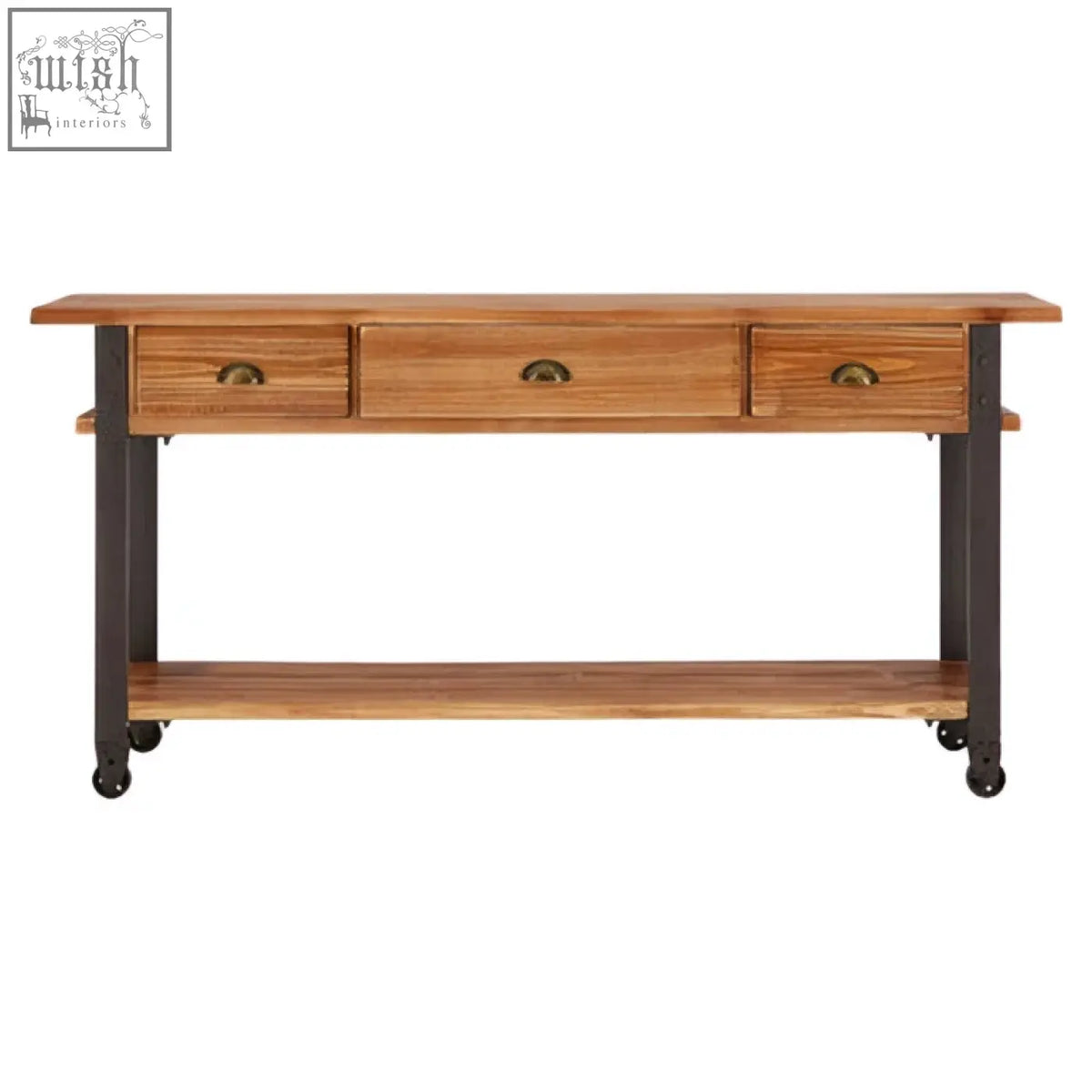 New foundry rustic wooden drawer console table with three drawers black metal legs and casters