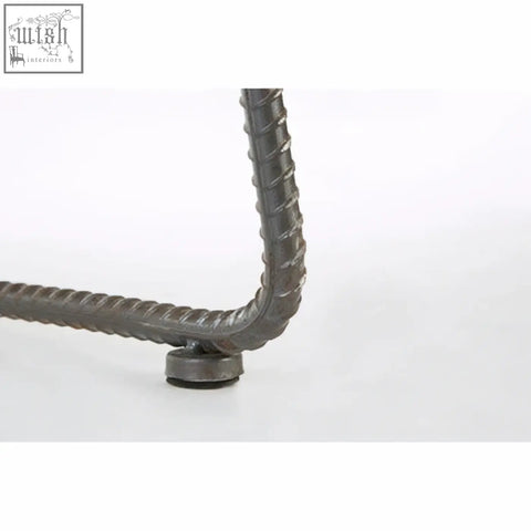New foundry brown leather effect bar stool with reinforced steel rebar frame and ribbed dark gray metallic finish