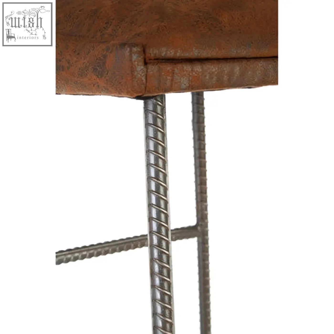 Rust-colored distressed brown leather effect bar stool with metal rebar legs perfect for a leather effect bar setup