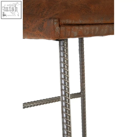 Rust-colored distressed brown leather effect bar stool with metal rebar legs perfect for a leather effect bar setup