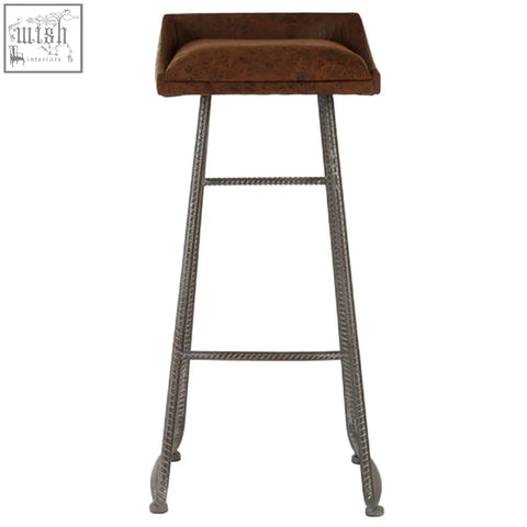 Brown leather effect bar stool with twisted metal legs perfect for stylish bar seating