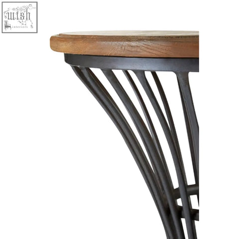 A new foundry elm wood metal bar stool with a rustic wooden top and dark matte metal frame with curved legs