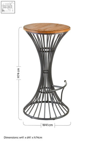 A sleek black metal bar stool with a round elm wood top and a curved metal footrest perfect for bars and kitchens