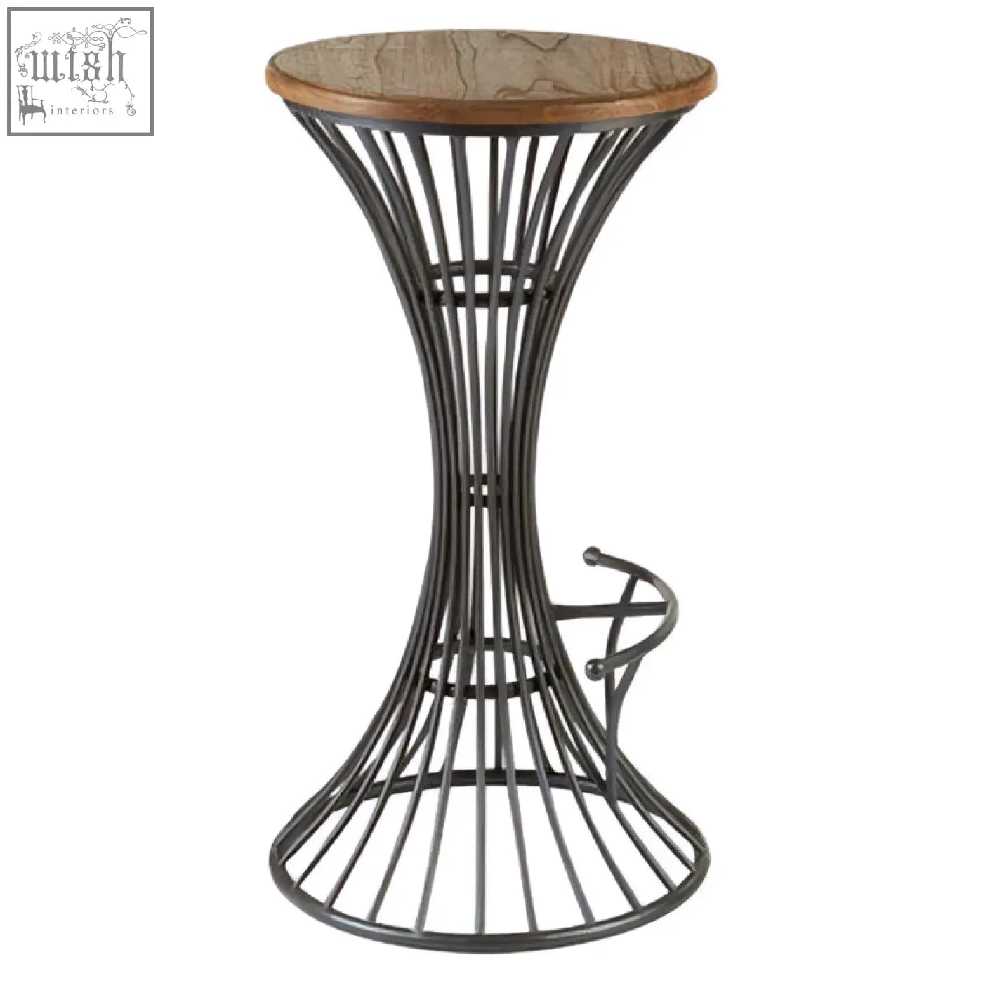 A sleek black metal bar stool with a round elm wood top and curved wireframe legs perfect for home bars