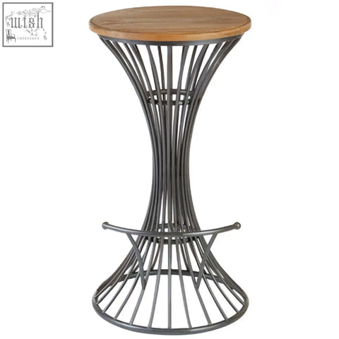A sleek dark gray metal bar stool with a round elm wood top and fluted wireframe design for metal bar use