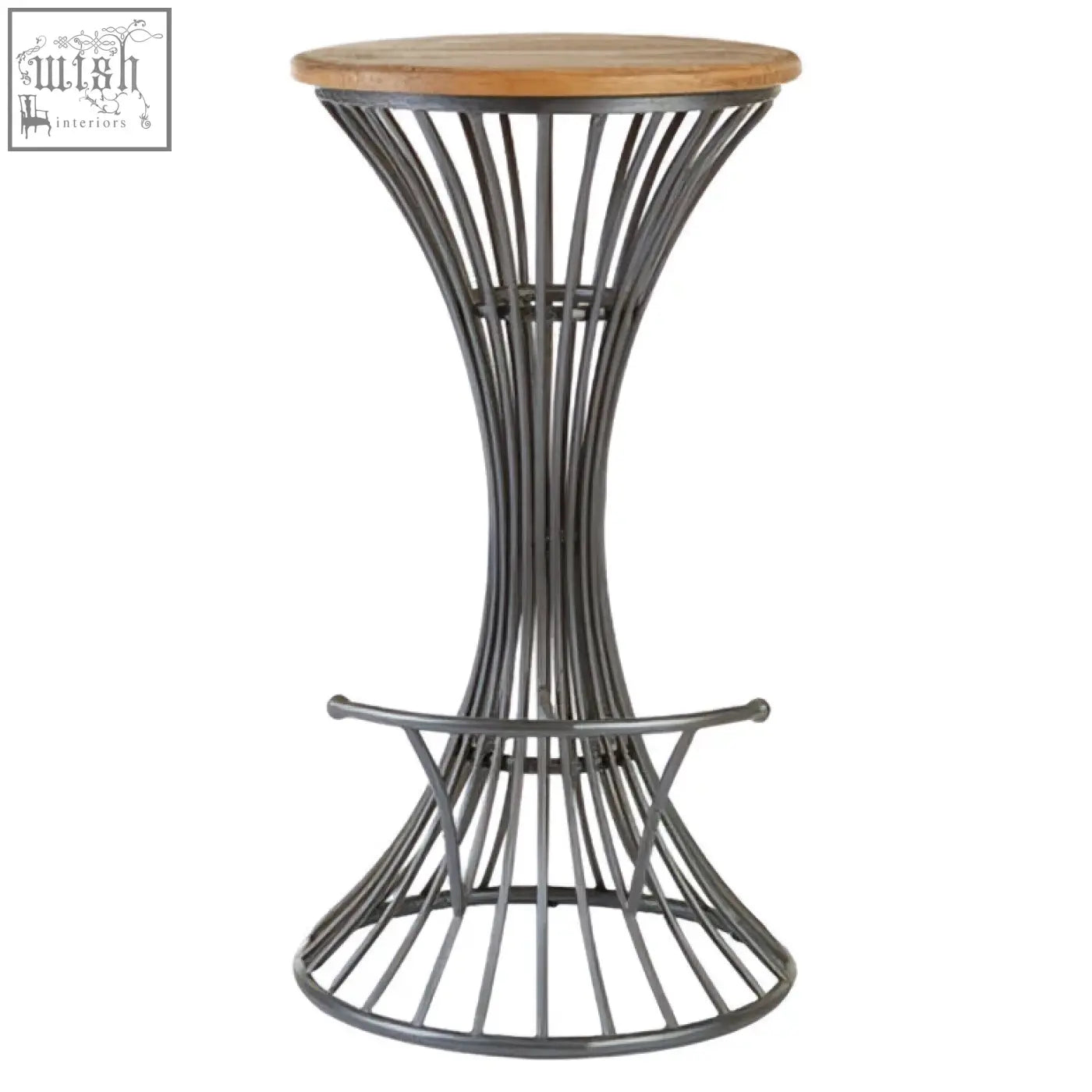 A sleek dark gray metal bar stool with a round elm wood top and elegant curved metal bar stool design