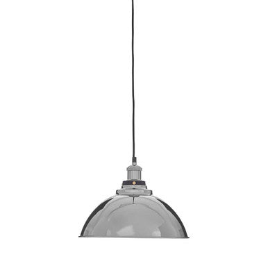 New foundry iron and aluminium pendant light with chrome finish domed glass shade and black cord aluminium pendant light