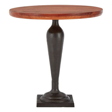 New foundry round side table with round wooden top and dark bronze metal pedestal base perfect for small spaces