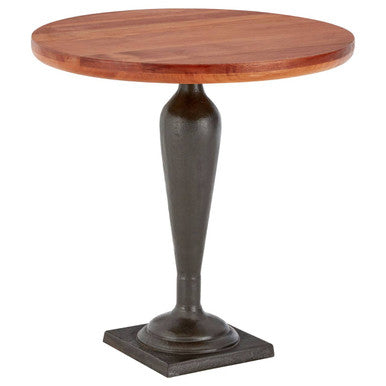 New foundry round side table with a round wooden top and dark bronze metal pedestal base perfect for small spaces