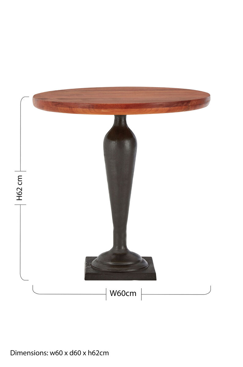New foundry round side table with dark brown polished wooden top and black metal pedestal base perfect for small spaces