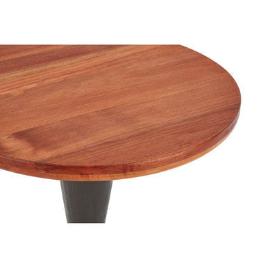 New foundry round side table with warm wood top and sleek black pedestal base perfect for small spaces