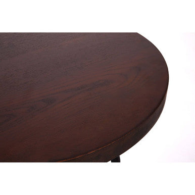 Dark brown walnut bar table with smooth rounded edges and sturdy black metal frame for stylish metal bar use