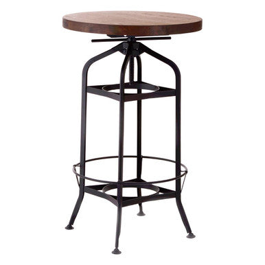 Black metal bar stool with round wooden seat in walnut finish for use with metal bar table setup
