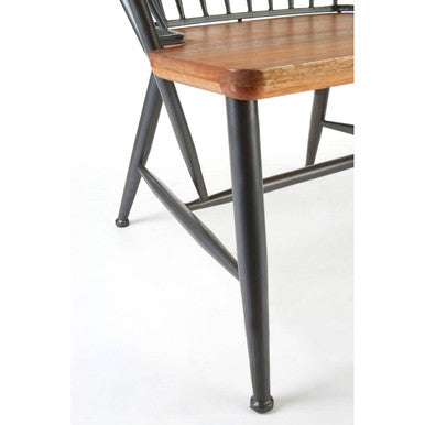 Black metal frame metal armchair with rustic foundry walnut wood seat and armrests for stylish seating