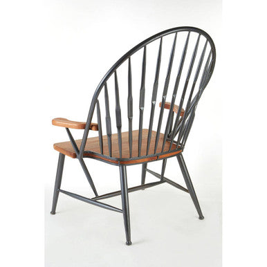Black metal spindle back metal armchair with warm brown foundry walnut wood seat and armrests