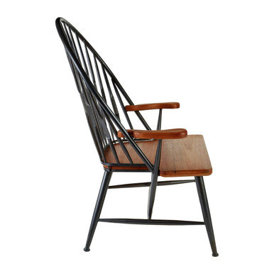 Black wrought iron metal armchair with foundry walnut wood arms and solid walnut wood seat