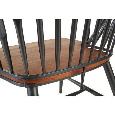 Black wrought iron spindle back metal armchair with warm brown foundry walnut wood seat for comfy seating