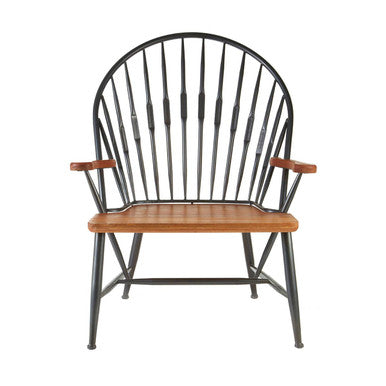 New foundry walnut wood and metal armchair with black metal spindle back, curved top, wooden armrests, and slatted seat