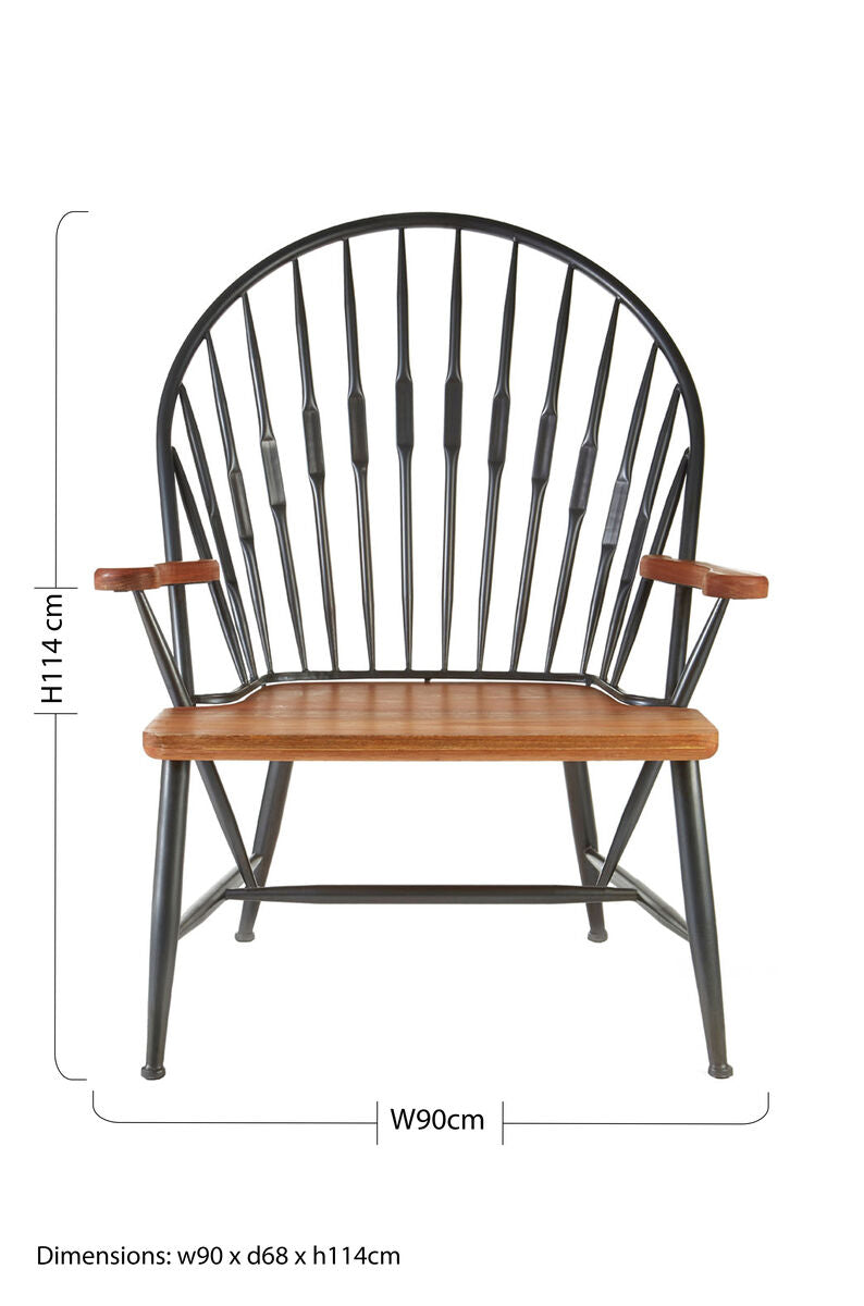 New foundry walnut wood and metal armchair with curved backrest, wooden armrests, and solid walnut wood seat