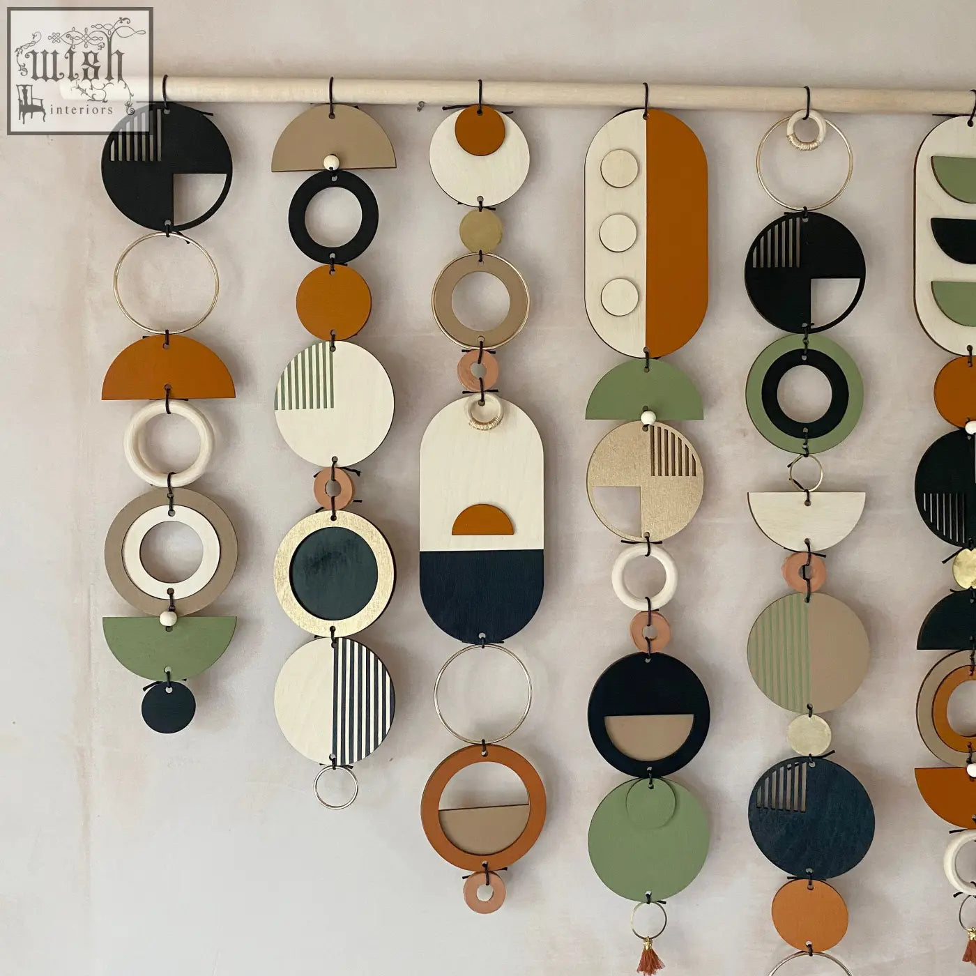 Modern wall art geometric wooden wall hanging with black white beige orange green and navy blue for home decor