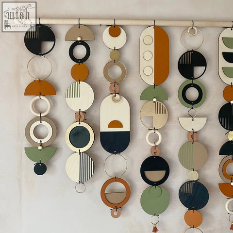 Modern wall art geometric wooden wall hanging with black white beige orange green and navy blue for home decor