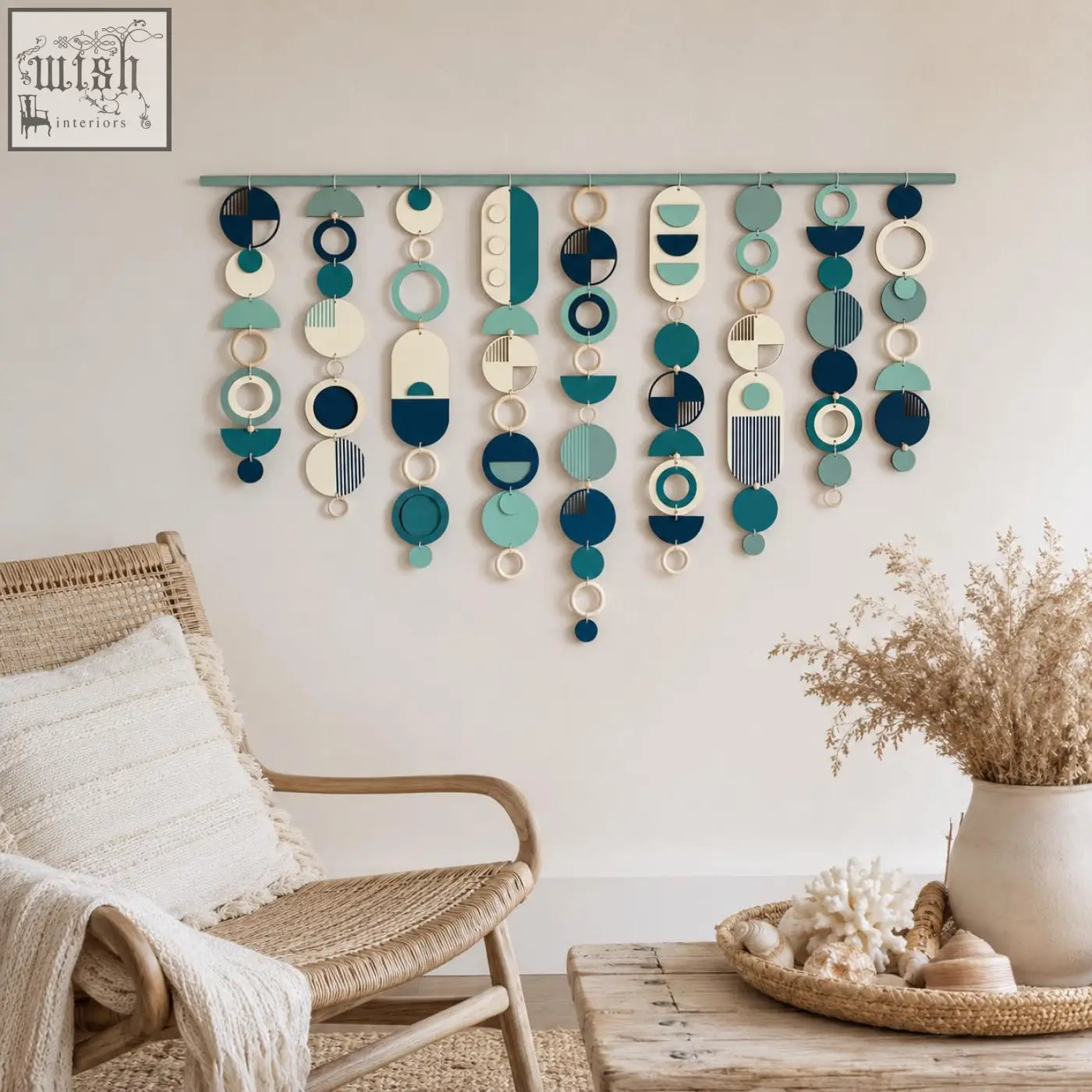 Teal and navy blue geometric wooden wall art hanging in a modern interior perfect as modern wall art centerpiece