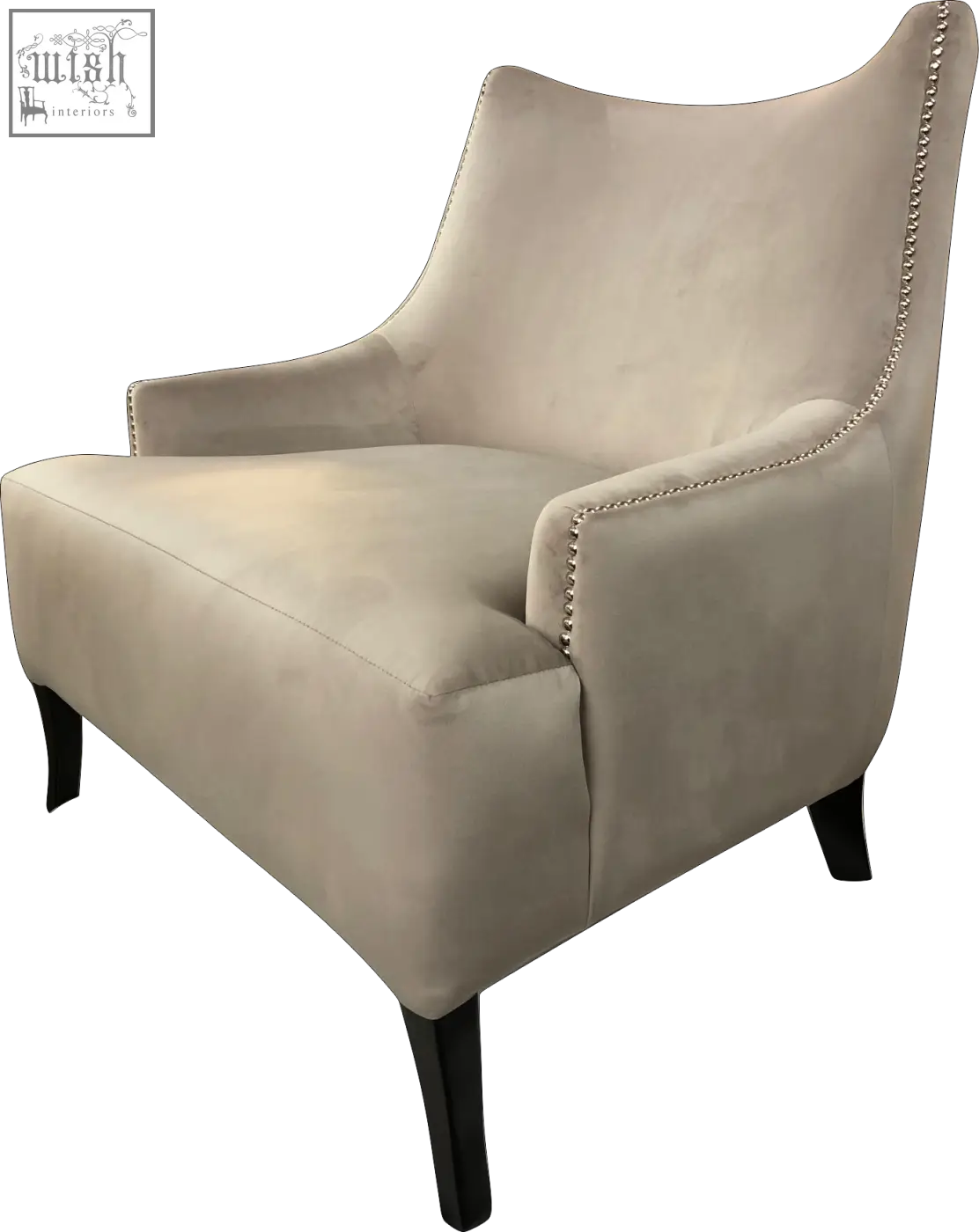 Beige velvet york arm chair with silver nailhead trim and dark wooden legs for stylish living spaces